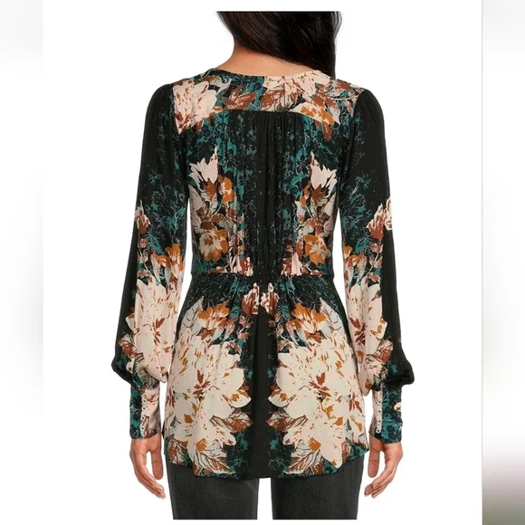Free People Teal Floral Long Sleeve Blouse EUC - Picture 3 of 9